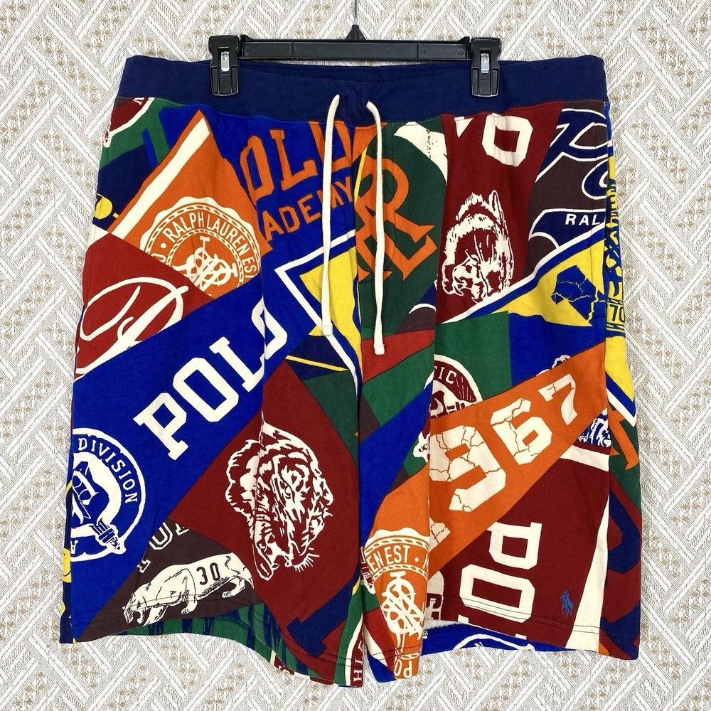 Polo Ralph Lauren Mens XLT Shorts Collegiate Flag Pennant Fleece All Over Print